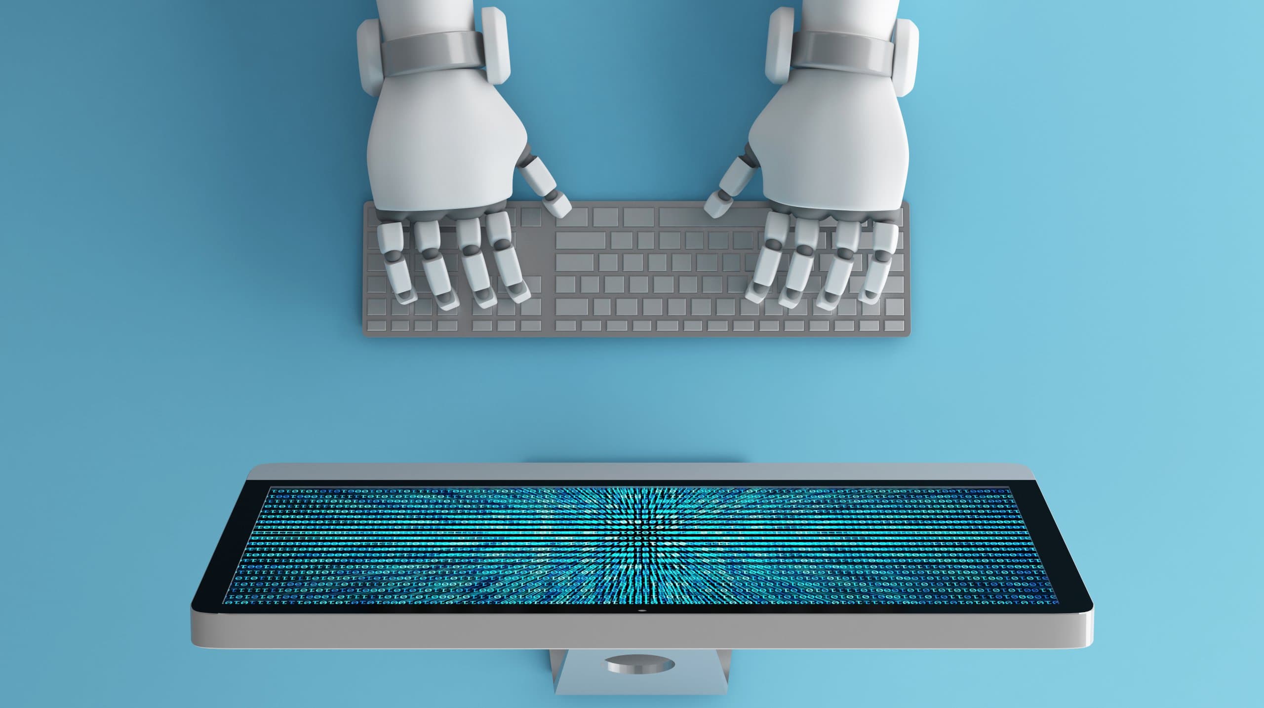 Top view of Robot hands using keyboard in front of a computer monitor with binary number code screen, mock up. Artificial intelligence in digital data futuristic technology concept, 3d illustration La Pometa Agència